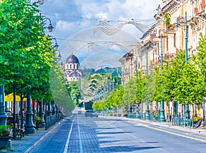 Gedimino prospektas (Gediminas Avenue) is the main street with church of our lady of the sign at its end in