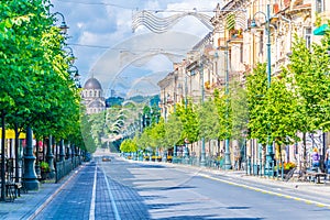 Gedimino prospektas (Gediminas Avenue) is the main street with church of our lady of the sign at its end in