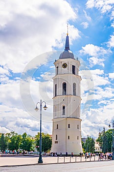 Gedimino prospektas (Gediminas Avenue) street with belfry of the cathedral in Vilnius, Lithuania...IMAGE