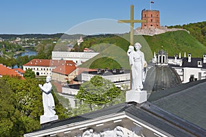 Gedimino Tower and sculptures of Cathedral in Vilnius