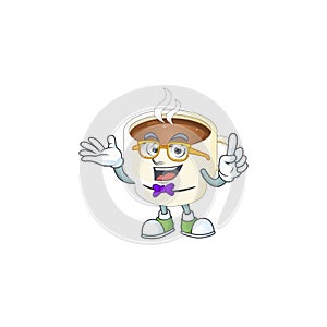 Geek character cup coffee in cartoon mascot
