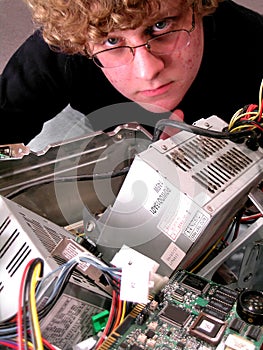 Geek with computer internals