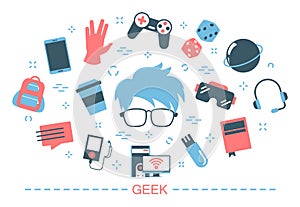 Geek concept. Idea of nerd character and computer game