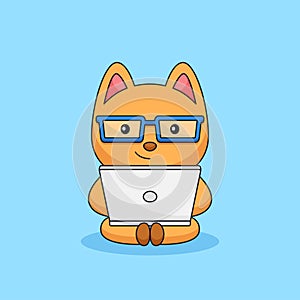 Geek glasses cat working on laptop animal mascot cartoon vector illustration