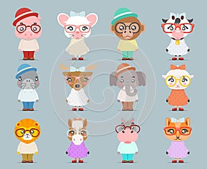 Geek hipster cute animal boy girl cubs mascot cartoon icons set flat design vector illustration