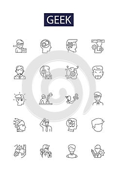 Geek line vector icons and signs. Nerd, Techy, IT, Programmer, Coder, Hacker, Dork, Otaku outline vector illustration