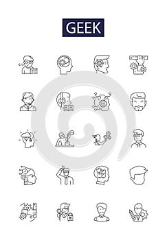 Geek line vector icons and signs. Nerd, Techy, IT, Programmer, Coder, Hacker, Dork, Otaku outline vector illustration photo