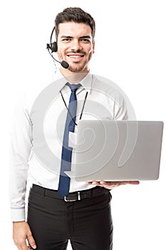 Geek man working in a call center