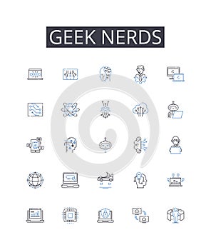 Geek nerds line icons collection. Brainiacs, Savants, Technophiles, Intellects, Cognoscenti, Brainy bunch, Know-it-alls