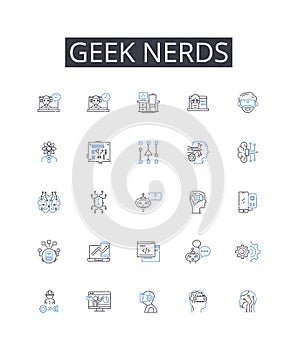 Geek nerds line icons collection. Brainiacs, Savants, Technophiles, Intellects, Cognoscenti, Brainy bunch, Know-it-alls