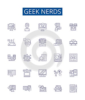 Geek nerds line icons signs set. Design collection of Geek, Nerds, Technology, Programmer, Computer, Nerd, Geeky, Coder