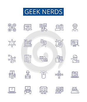 Geek nerds line icons signs set. Design collection of Geek, Nerds, Technology, Programmer, Computer, Nerd, Geeky, Coder