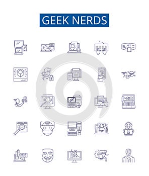 Geek nerds line icons signs set. Design collection of Geek, Nerds, Technology, Programmer, Computer, Nerd, Geeky, Coder