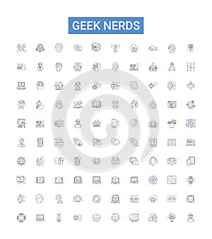 Geek nerds outline icons collection. Geeks, Nerds, Hackers, Gamers, Techies, Programmers, Computer-Enthusiasts vector