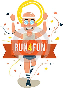 Geek older runner crossing the finish line illustration