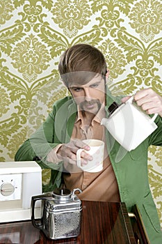 Geek retro man drinking tea coffee vintage teapot