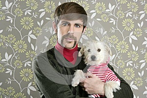 Geek retro man holding dog silly on wallpaper photo