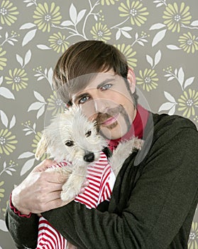 Geek retro man holding dog silly on wallpaper photo