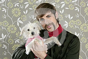Geek retro man holding dog silly on wallpaper