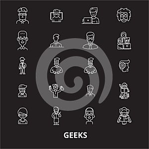 Geeks editable line icons vector set on black background. Geeks white outline illustrations, signs, symbols