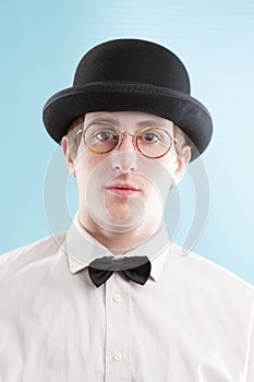 Geeky attire, blue setting expert or gentleman photo