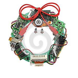 Geeky christmas wreath made by old computer parts, no shadow photo