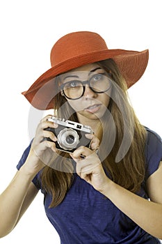 Geeky girl with camera photo