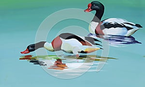Geese flock swimming on pond watercolor vector illustration