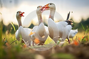 geese with necks stretched mid-honk in a field