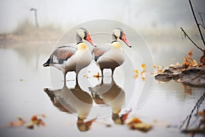 geese with open beaks on a foggy day by a pond