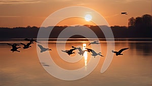 Geese silhouettes flying in a V-formation across the evening sky,