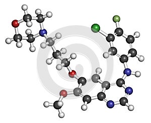 Gefinitib cancer drug molecule. Inhibitor of the epidermal growth factor receptor (EGFR). Atoms are represented as spheres with