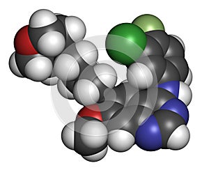 Gefinitib cancer drug molecule. Inhibitor of the epidermal growth factor receptor (EGFR). Atoms are represented as spheres with