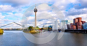 Gehry buildings, tower and bridge in Dusseldorf media harbour, Germany