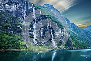Geiranger fjord, Norway: landscape with mountains and waterfalls