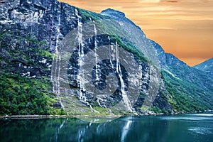 Geiranger fjord, Norway: landscape with mountains and waterfalls