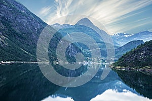 Geiranger fjord sunset mountain sea view, Norway