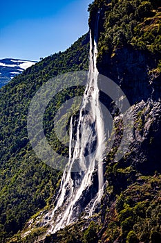 Geiranger fjord, waterfall Seven Sisters. Beautiful Nature Norway natural landscape