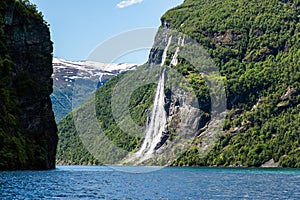 Geiranger fjord, Waterfall Seven Sisters. Beautiful nature Norway natural landscape