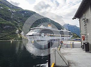 Geiranger, Norway, September 7, 2019: View on Cruise liner ship Costa Pacifica moored at the port at Geiranger tourist