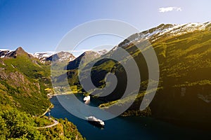 Geiranger valley with ferries with clear sky, Sunnmore, Romsdal, Norway