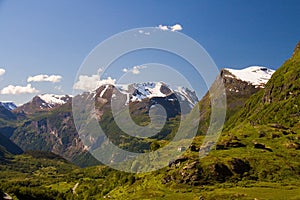 Geiranger valley with mountain huts with turf roofs, Sunnmore, Romsdal, Norway