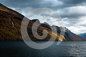 Geirangerfjord Landscape Panorama with Stormy Sky