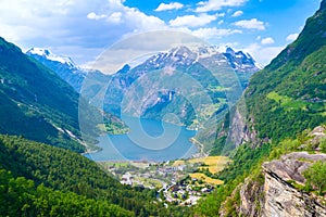 Geirangerfjord Norwegian fjords. Beautiful Norway aerial landscape