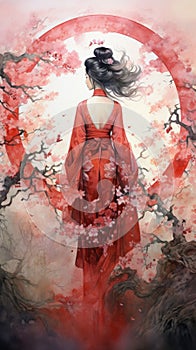 A geisha adorned in vibrant red kimono, bathed in the warm hues of a celestial redshift