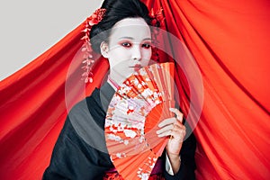 Geisha in black kimono with hand fan and red cloth on background isolated on white