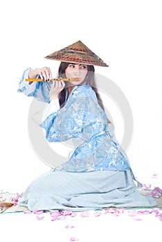 Geisha in blue kimono