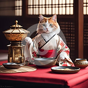 The geisha cat gracefully entertains guests with her mesmerizing Japanese dance, enchanting singing