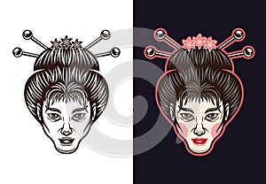 Geisha face japanese woman black and color vector