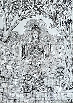 Geisha with fan in the japanese garden drawing